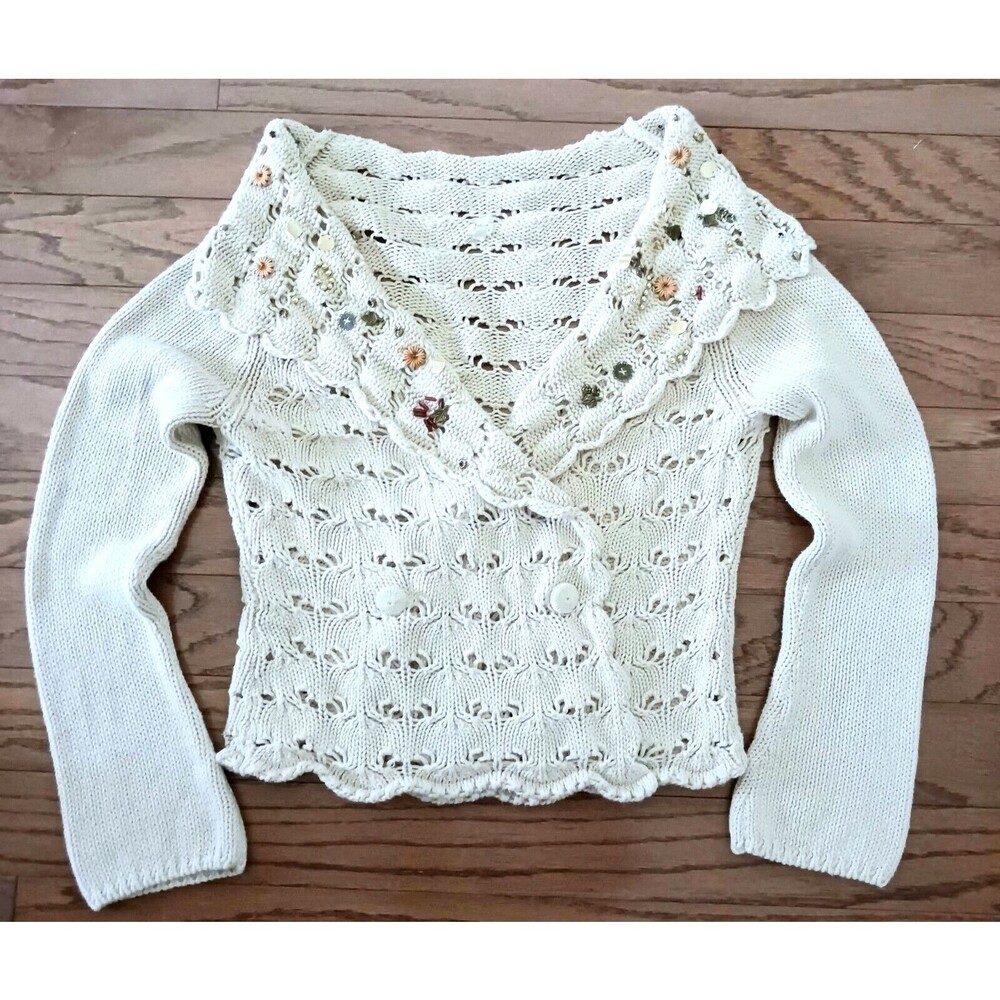 Future Paradise Crochet Open Weave V Neck Cotton Shawl Collar Bead Accent Sz S